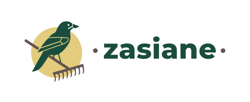 Ikona logo ".zasiane." na czarnym tle. Przedstawia zielonego ptaka siedzącego na grabiach na tle żółtego koła.